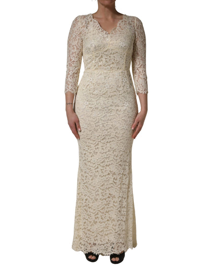 Dolce & Gabbana Women's Sheath Cocktail Long-Sleeve Cotton Nylon Silk & Calf Leather Maxi Long Dress - White Floral