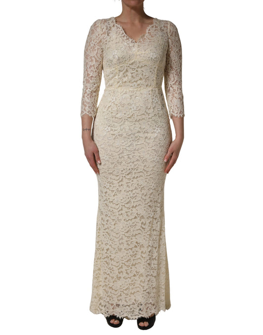 Dolce & Gabbana Women's Sheath Cocktail Long-Sleeve Cotton Nylon Silk & Calf Leather Maxi Long Dress - White Floral