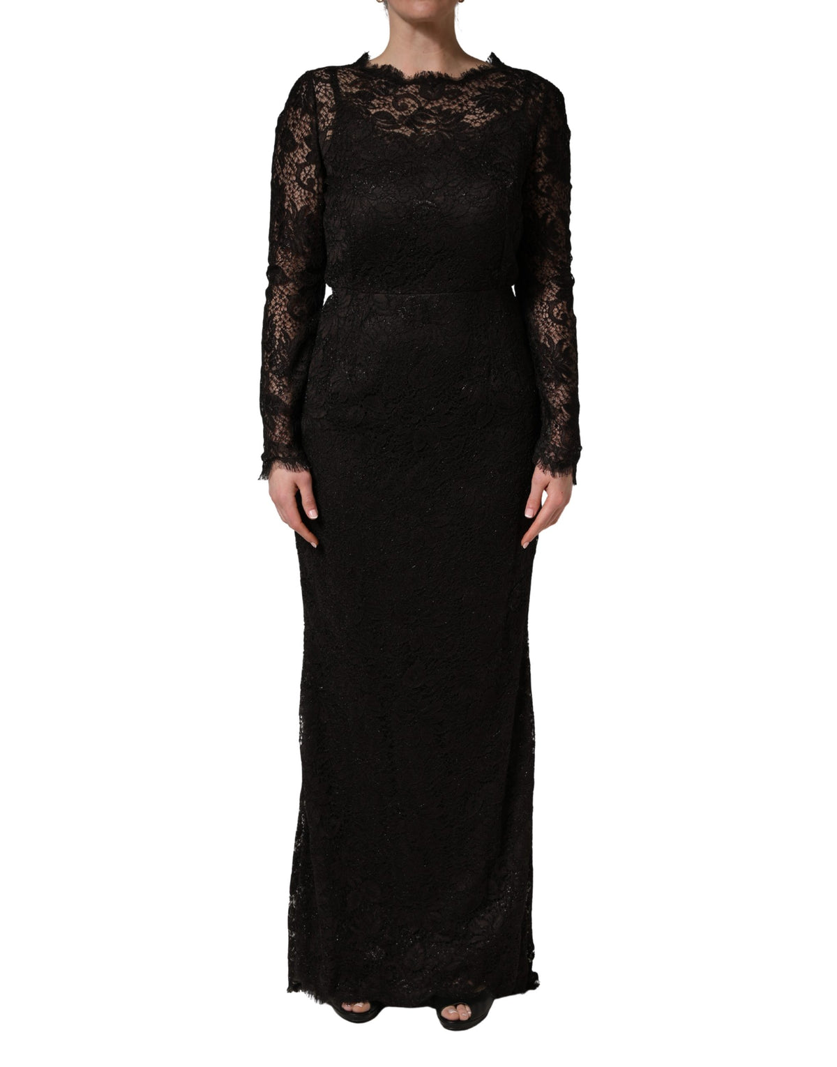 Dolce & Gabbana Women's Sheath Cocktail Long-Sleeve Nylon Silk Cotton & Calf Leather Maxi Long Dress - Black Floral