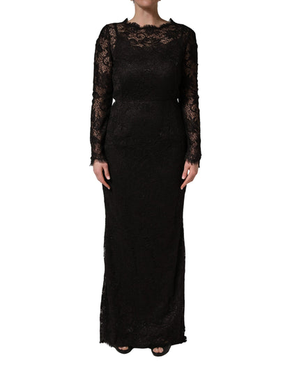 Dolce & Gabbana Women's Sheath Cocktail Long-Sleeve Nylon Silk Cotton & Calf Leather Maxi Long Dress - Black Floral