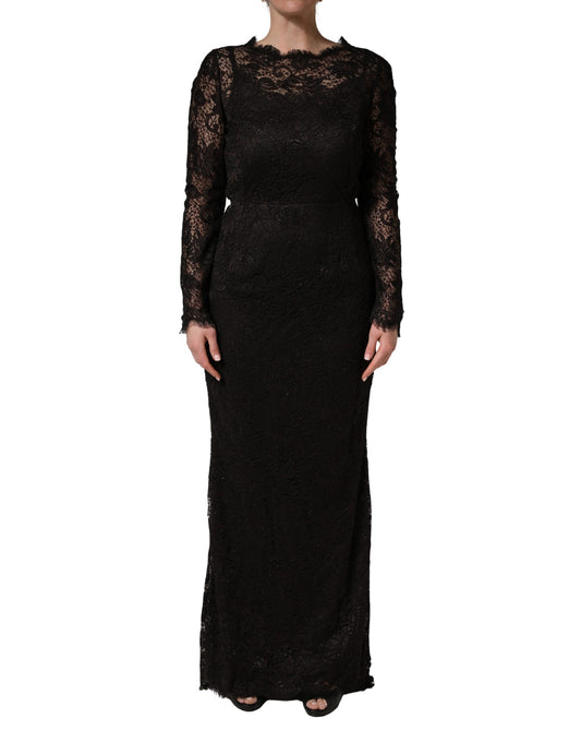 Dolce & Gabbana Women's Sheath Cocktail Long-Sleeve Nylon Silk Cotton & Calf Leather Maxi Long Dress - Black Floral