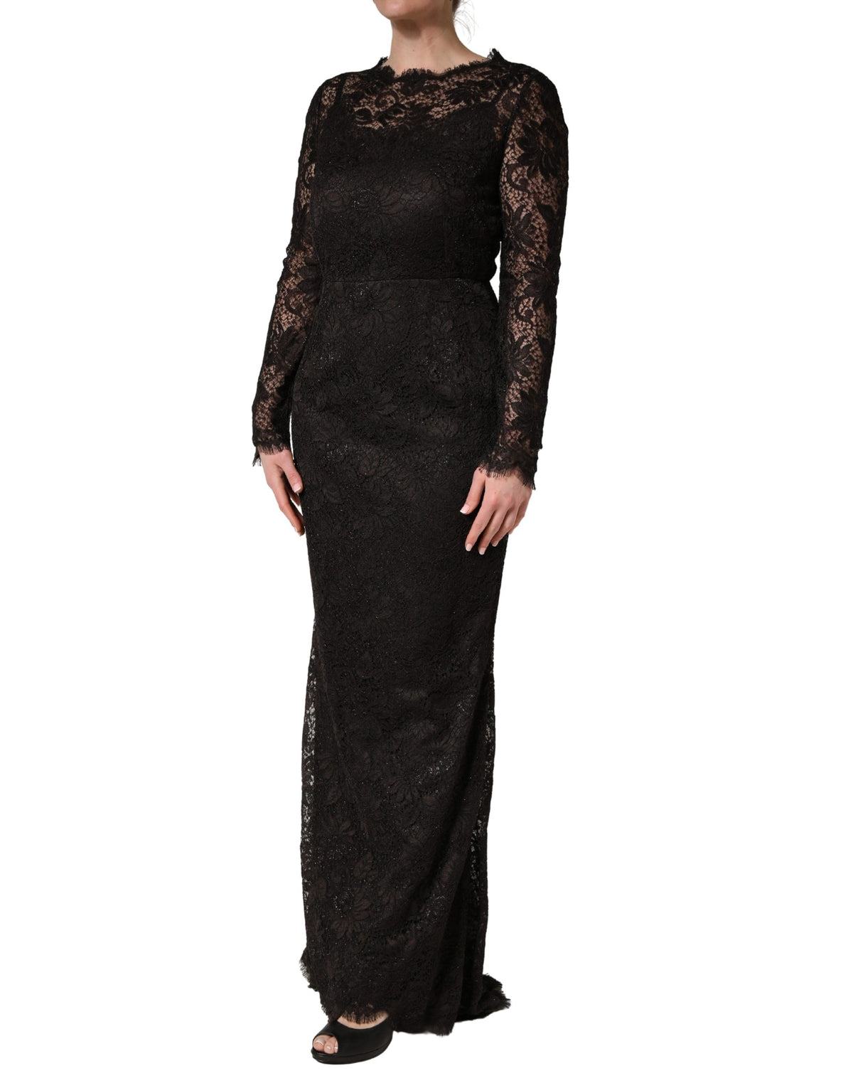 Dolce & Gabbana Women's Sheath Cocktail Long-Sleeve Nylon Silk Cotton & Calf Leather Maxi Long Dress - Black Floral