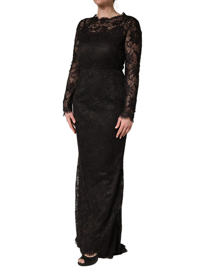 Dolce & Gabbana Women's Sheath Cocktail Long-Sleeve Nylon Silk Cotton & Calf Leather Maxi Long Dress - Black Floral