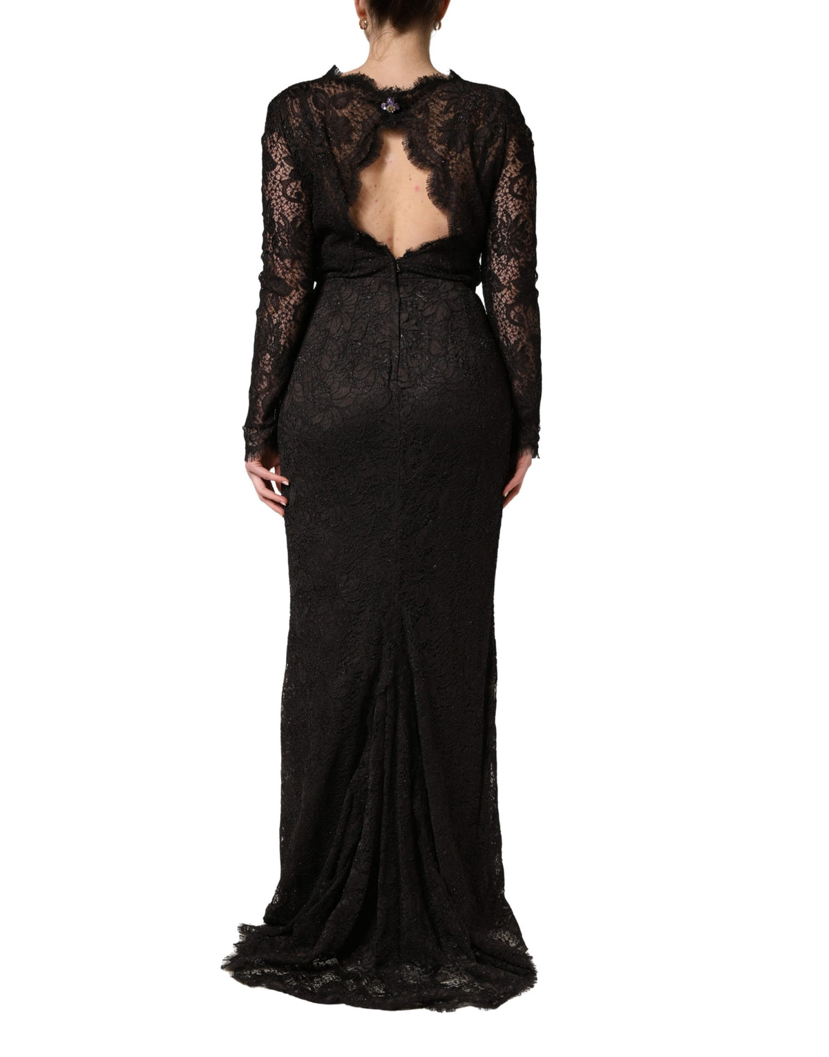 Dolce & Gabbana Women's Sheath Cocktail Long-Sleeve Nylon Silk Cotton & Calf Leather Maxi Long Dress - Black Floral