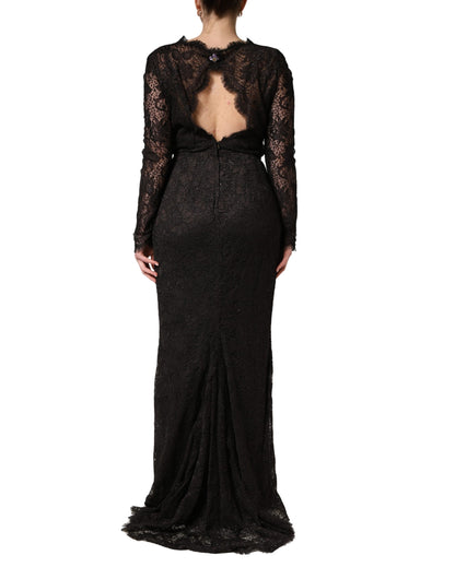 Dolce & Gabbana Women's Sheath Cocktail Long-Sleeve Nylon Silk Cotton & Calf Leather Maxi Long Dress - Black Floral