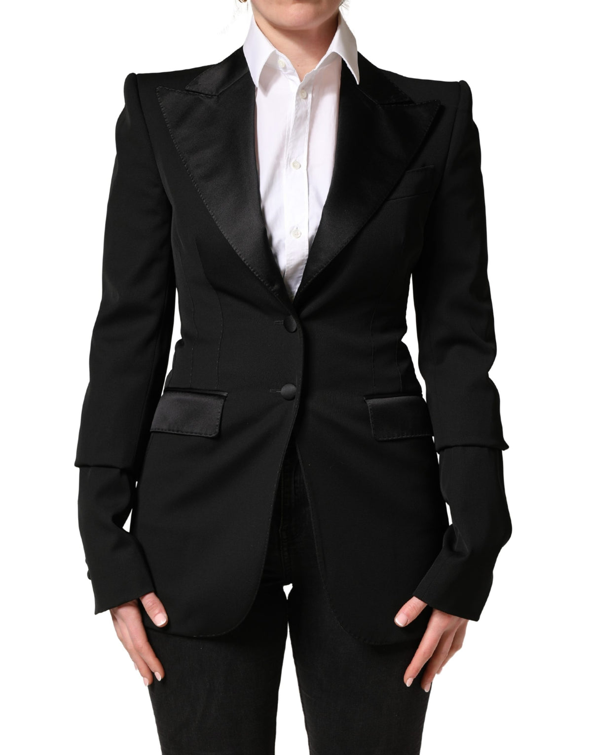 Dolce & Gabbana Women's Single Breasted Virgin Wool Silk Nylon & Elastane Blazer - Black