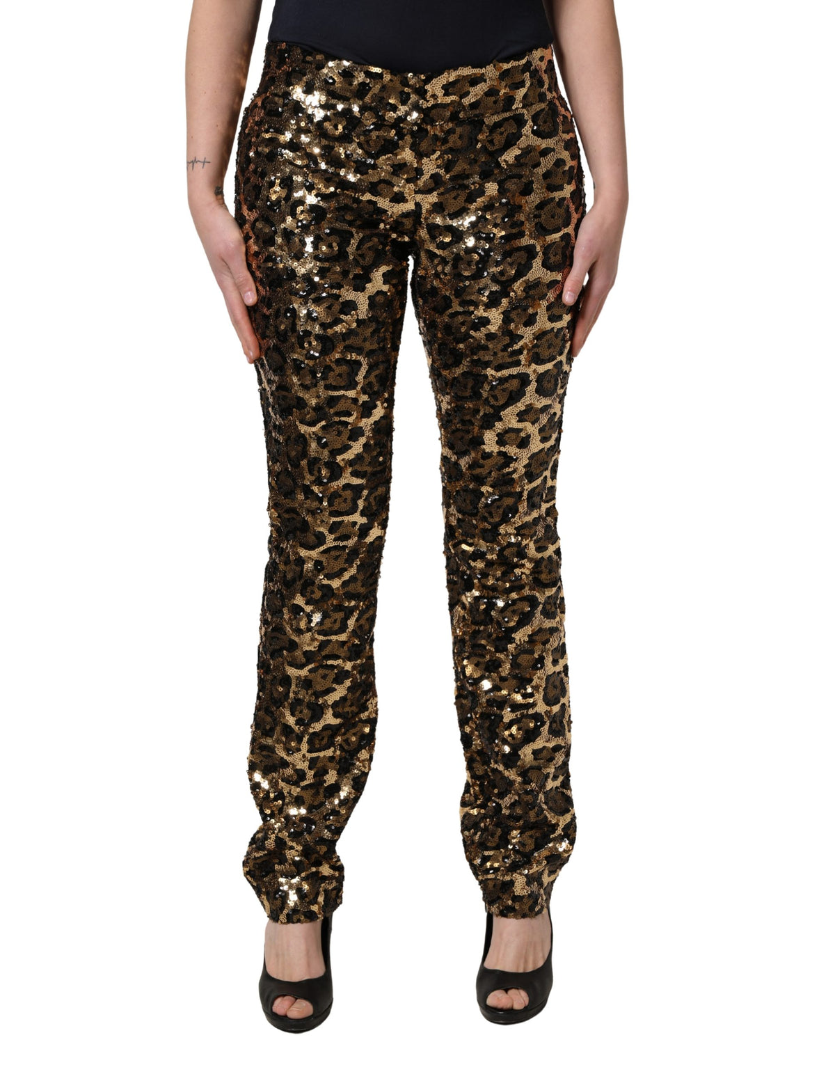 Dolce & Gabbana Women's Straight Mid Rise Polyester Silk & Sequins Casual Pants - Gold Leopard Print Patterned