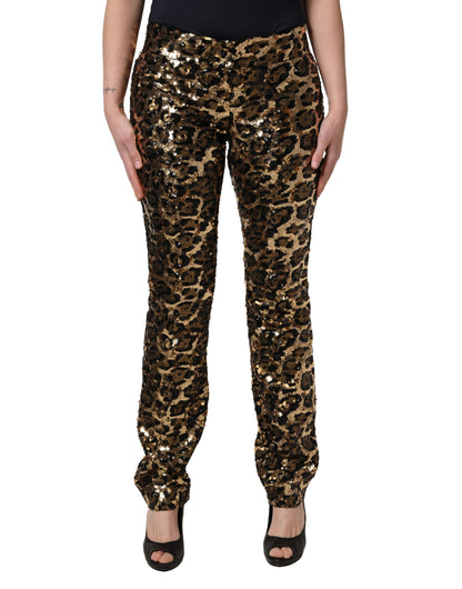 Dolce & Gabbana Women's Straight Mid Rise Polyester Silk & Sequins Casual Pants - Gold Leopard Print Patterned