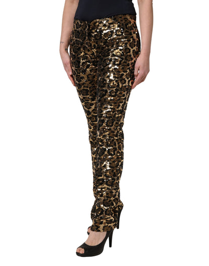 Dolce & Gabbana Women's Straight Mid Rise Polyester Silk & Sequins Casual Pants - Gold Leopard Print Patterned