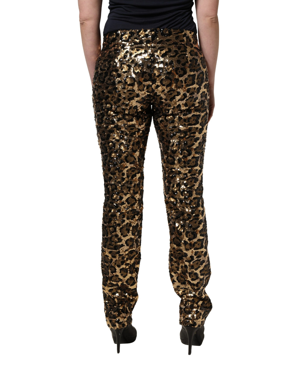 Dolce & Gabbana Women's Straight Mid Rise Polyester Silk & Sequins Casual Pants - Gold Leopard Print Patterned