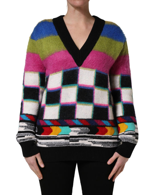 Dolce & Gabbana Women's V Neck Mohair Cashmere & Alpaca Virgin Wool Sweatshirt - Multicolor Signature Striped