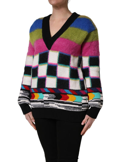 Dolce & Gabbana Women's V Neck Mohair Cashmere & Alpaca Virgin Wool Sweatshirt - Multicolor Signature Striped