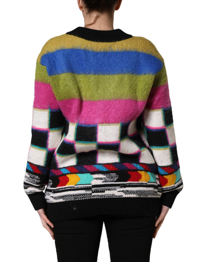 Dolce & Gabbana Women's V Neck Mohair Cashmere & Alpaca Virgin Wool Sweatshirt - Multicolor Signature Striped