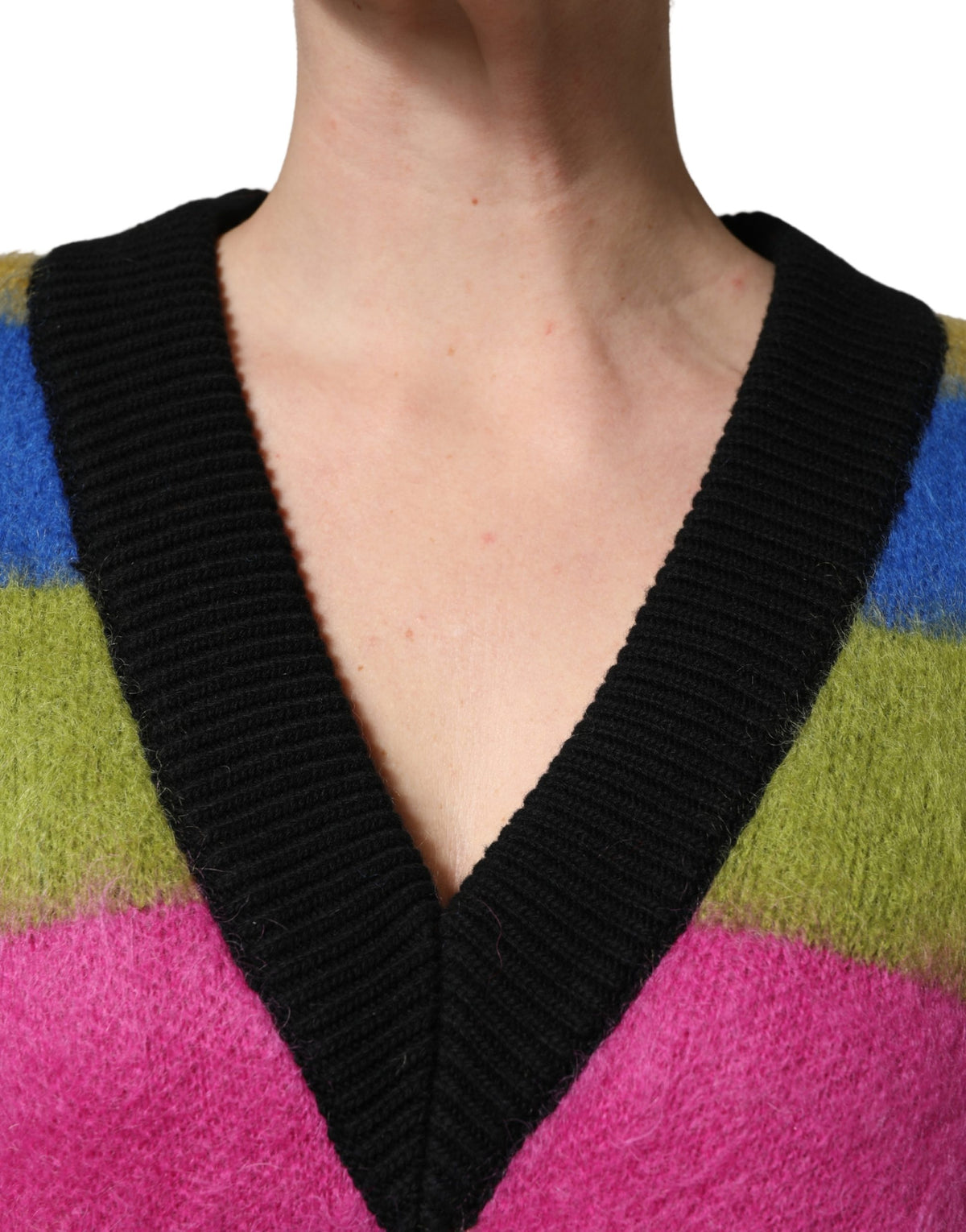Dolce & Gabbana Women's V Neck Mohair Cashmere & Alpaca Virgin Wool Sweatshirt - Multicolor Signature Striped