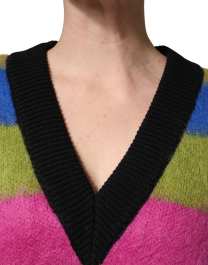 Dolce & Gabbana Women's V Neck Mohair Cashmere & Alpaca Virgin Wool Sweatshirt - Multicolor Signature Striped