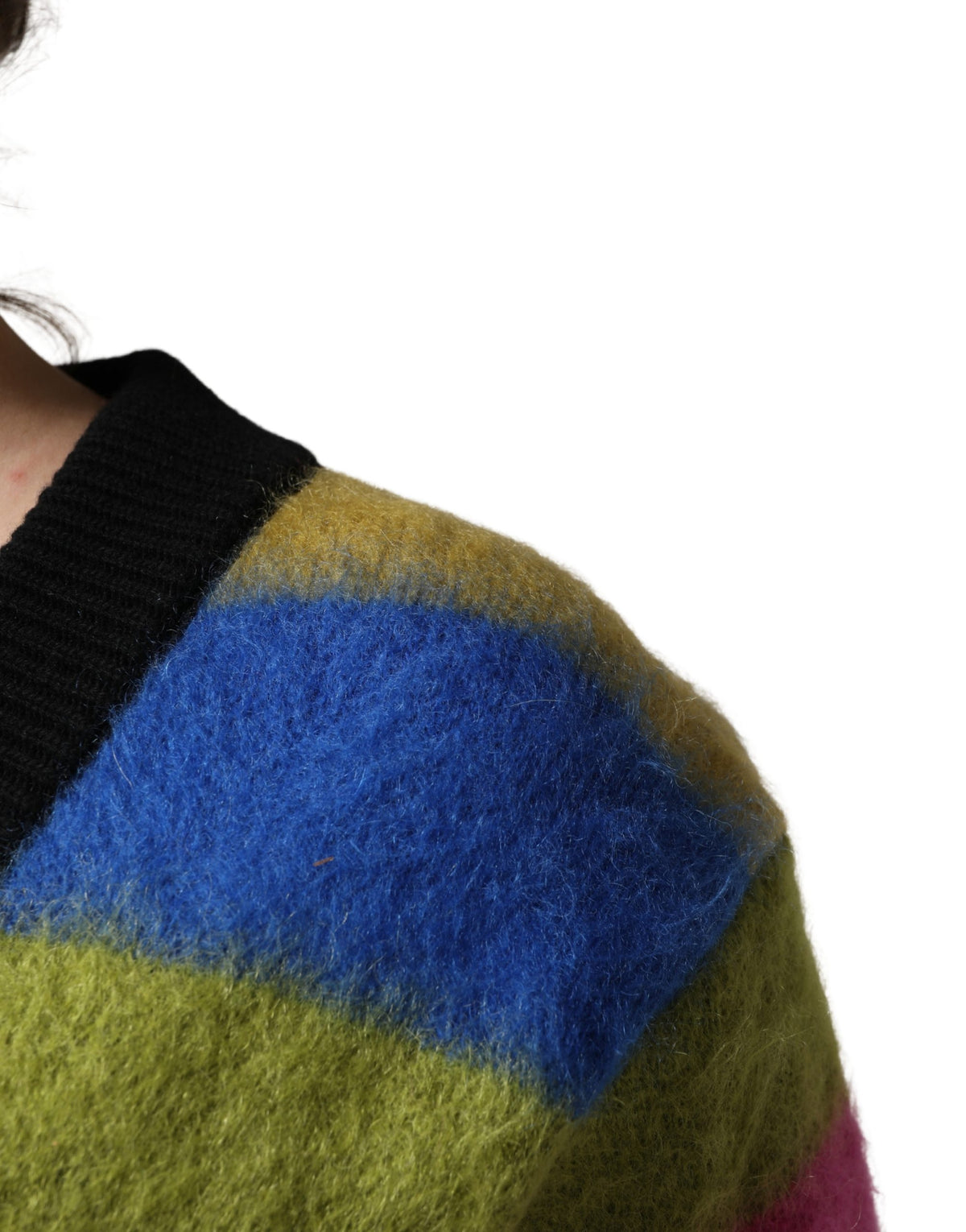 Dolce & Gabbana Women's V Neck Mohair Cashmere & Alpaca Virgin Wool Sweatshirt - Multicolor Signature Striped