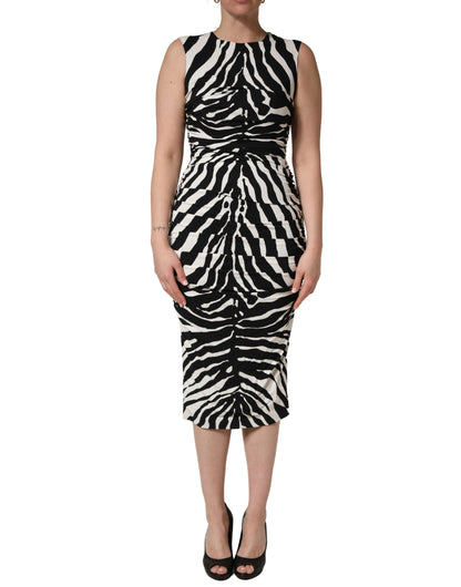 Dolce & Gabbana Women's Sheath Cocktail Sleeveless Silk Viscose & Calf Leather Midi Dress - Black White Zebra Print