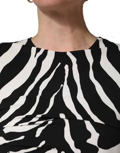 Dolce & Gabbana Women's Sheath Cocktail Sleeveless Silk Viscose & Calf Leather Midi Dress - Black White Zebra Print