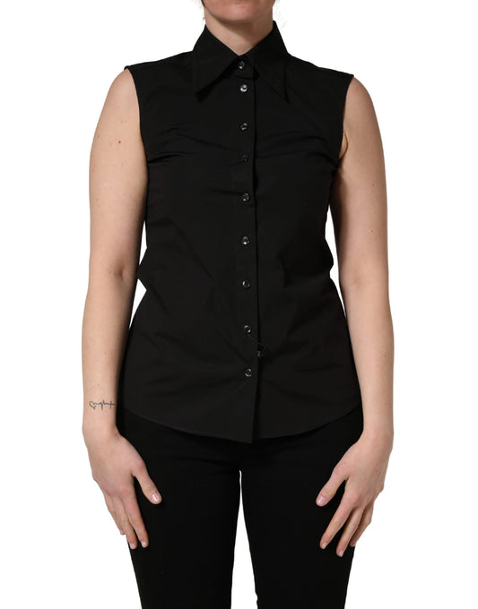 Dolce & Gabbana Black Cotton Sleeveless Collared Blouse Top