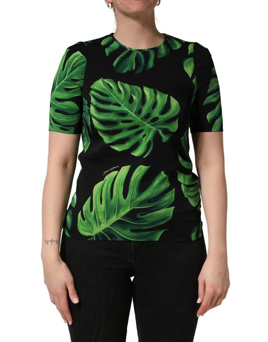 Dolce & Gabbana Women's Short-Sleeve Crew Neck Silk Blouse - Black Green Patterned Signature Print