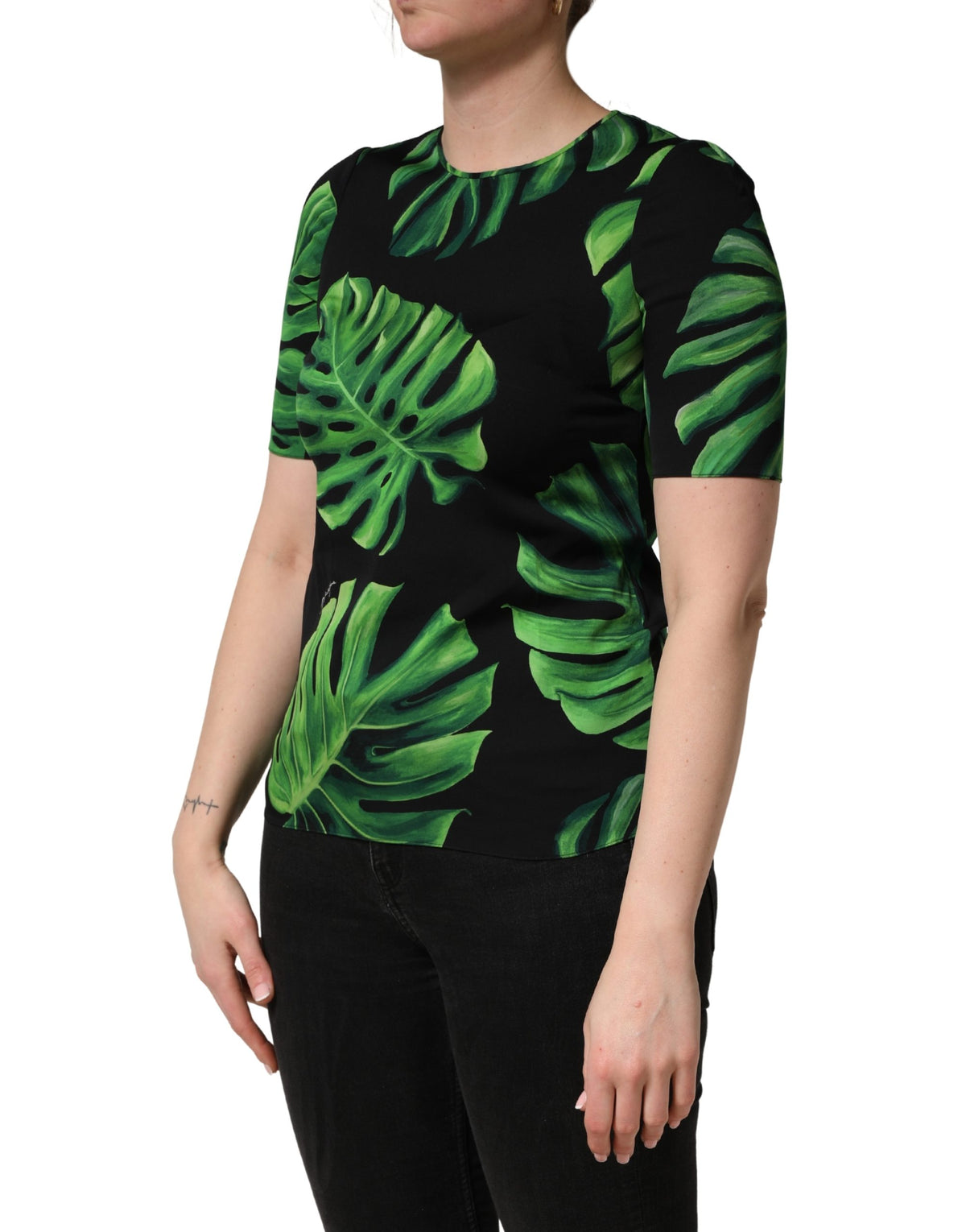 Dolce & Gabbana Women's Short-Sleeve Crew Neck Silk Blouse - Black Green Patterned Signature Print