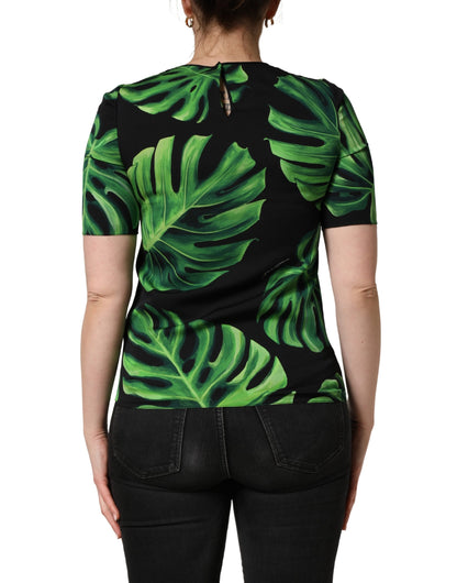 Dolce & Gabbana Women's Short-Sleeve Crew Neck Silk Blouse - Black Green Patterned Signature Print