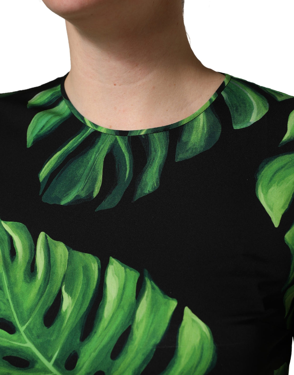 Dolce & Gabbana Women's Short-Sleeve Crew Neck Silk Blouse - Black Green Patterned Signature Print
