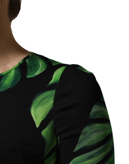 Dolce & Gabbana Women's Short-Sleeve Crew Neck Silk Blouse - Black Green Patterned Signature Print