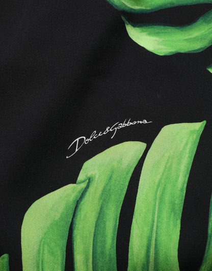 Dolce & Gabbana Women's Short-Sleeve Crew Neck Silk Blouse - Black Green Patterned Signature Print