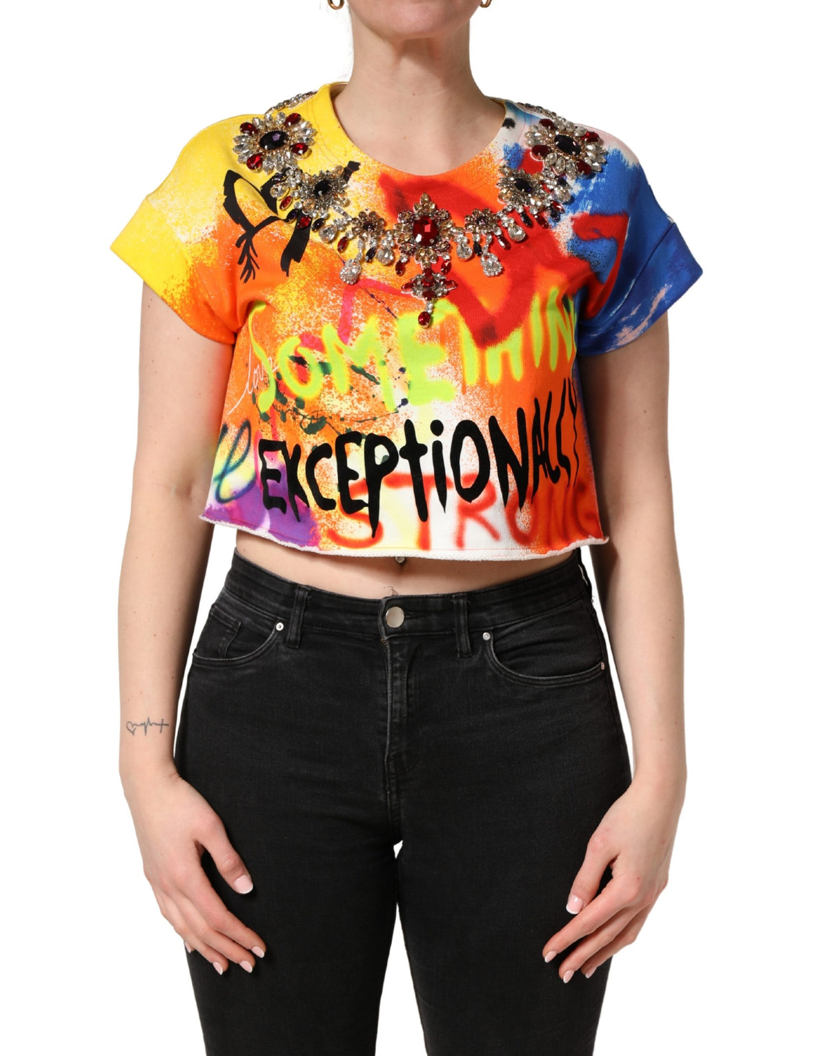 Dolce & Gabbana Women's Crop Top Cropped Round Neck Cotton Tank - Multicolor Patterned