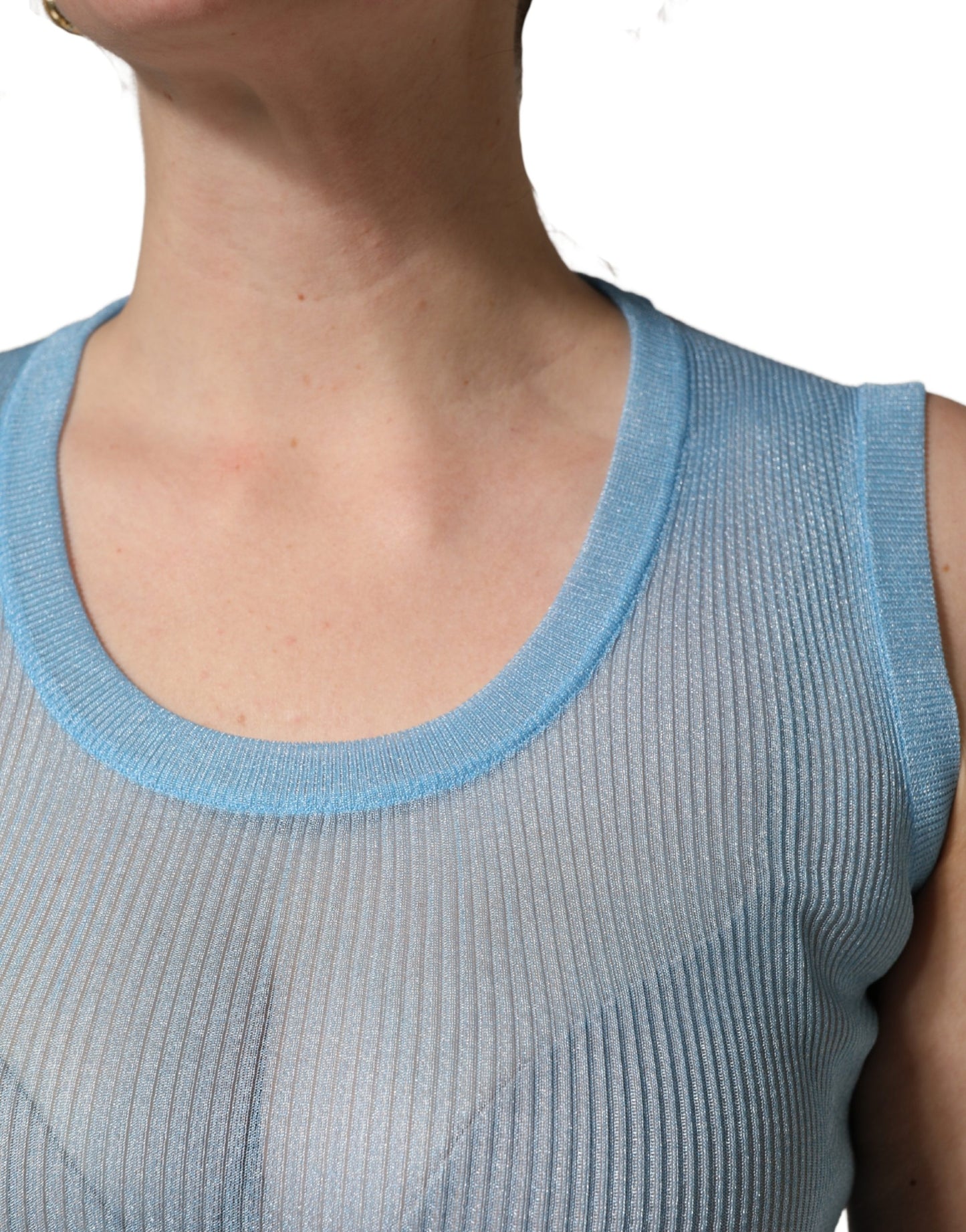 Dolce & Gabbana Blue Semi Sheer Ribbed Sleeveless Tank Top
