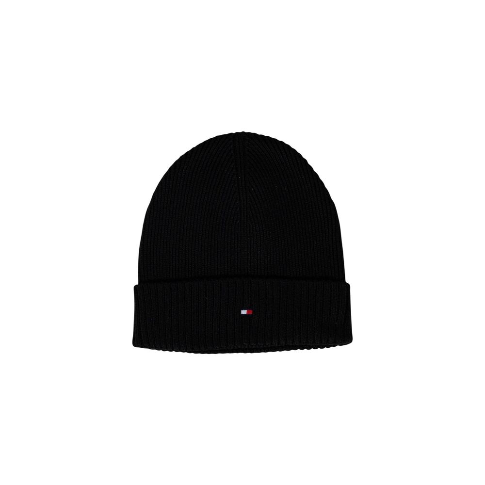 Beanie Hat by Tommy Hilfiger for men in cashmere cotton blend black features a refined silhouette, showcasing the refined design of the Cashmere Cotton Blend Beanie Hat for a sophisticated look.