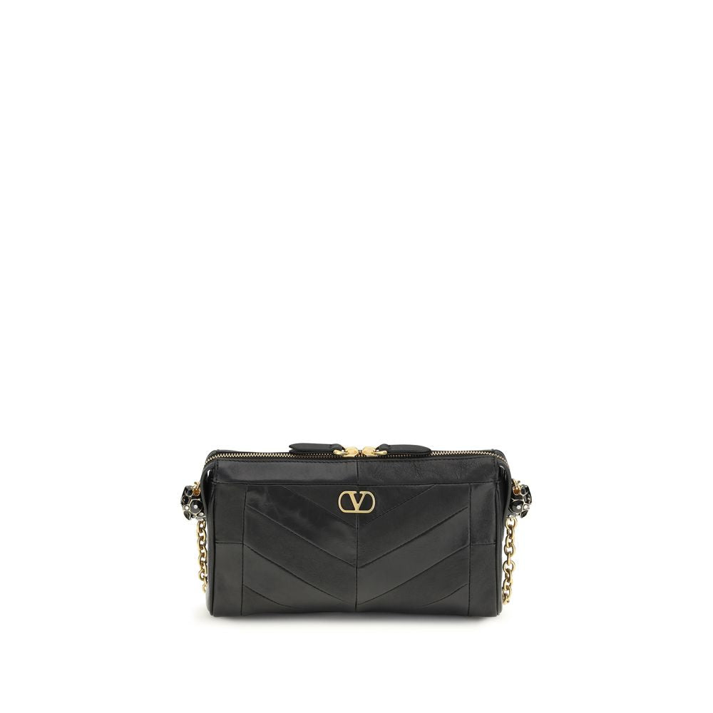 Valentino Garavani Panthea V Logo Nappa Leather Small Shoulder Bag - Black Gold Chevron Signature