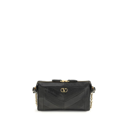 Valentino Garavani Panthea V Logo Nappa Leather Small Shoulder Bag - Black Gold Chevron Signature
