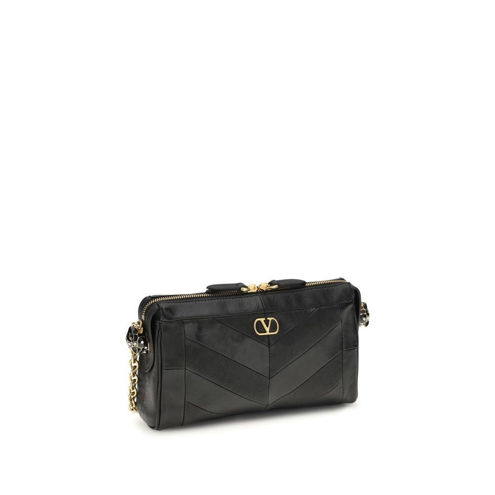 Valentino Garavani Panthea V Logo Nappa Leather Small Shoulder Bag - Black Gold Chevron Signature