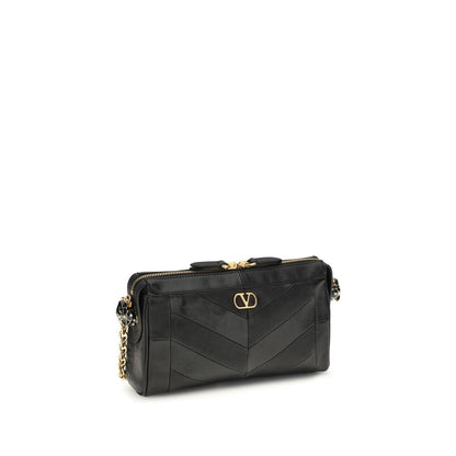 Valentino Garavani Panthea V Logo Nappa Leather Small Shoulder Bag - Black Gold Chevron Signature