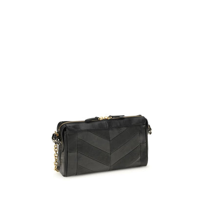 Valentino Garavani Panthea V Logo Nappa Leather Small Shoulder Bag - Black Gold Chevron Signature