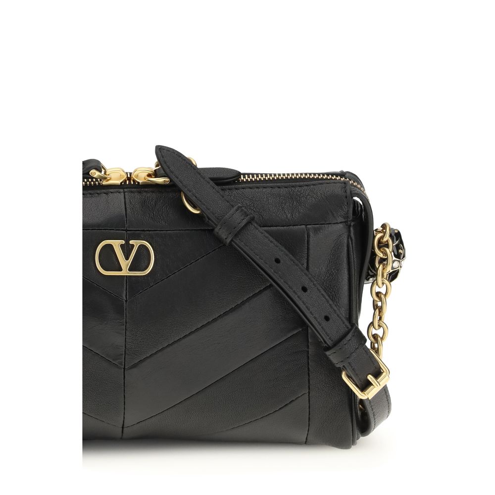 Valentino Garavani Panthea V Logo Nappa Leather Small Shoulder Bag - Black Gold Chevron Signature