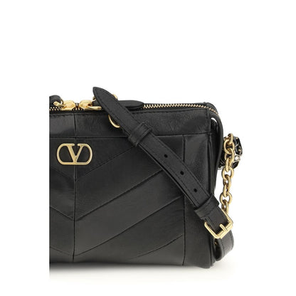 Valentino Garavani Panthea V Logo Nappa Leather Small Shoulder Bag - Black Gold Chevron Signature