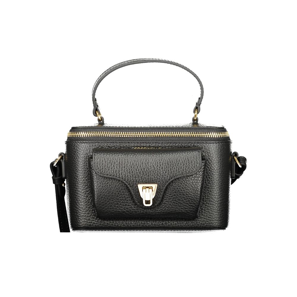 This Handbag by Coccinelle for women in leather and black & print presents a sculptural silhouette featuring a secure zipper, ample external-pockets, and versatile shoulder-strap & adjustable-strap for a sculptural finish.