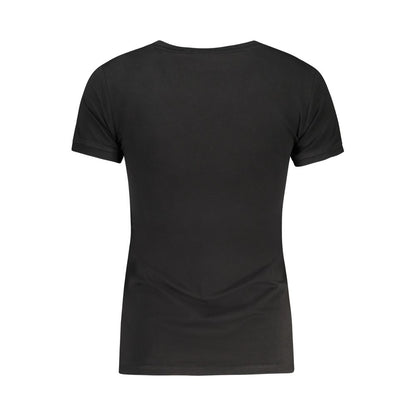 T-Shirt by Guess Jeans for women in stretch cotton black showcases a unassuming silhouette, artfully detailed with a refined v-neck neckline and unassuming for a sophisticated, contemporary look.