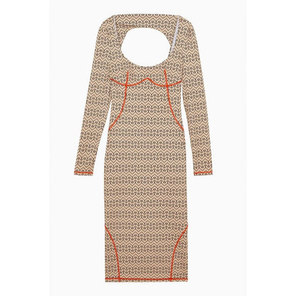 Patrizia Pepe Women's Long-Sleeve Stretch Nylon Midi Dress - Bicolour Beige Patterned Monogram