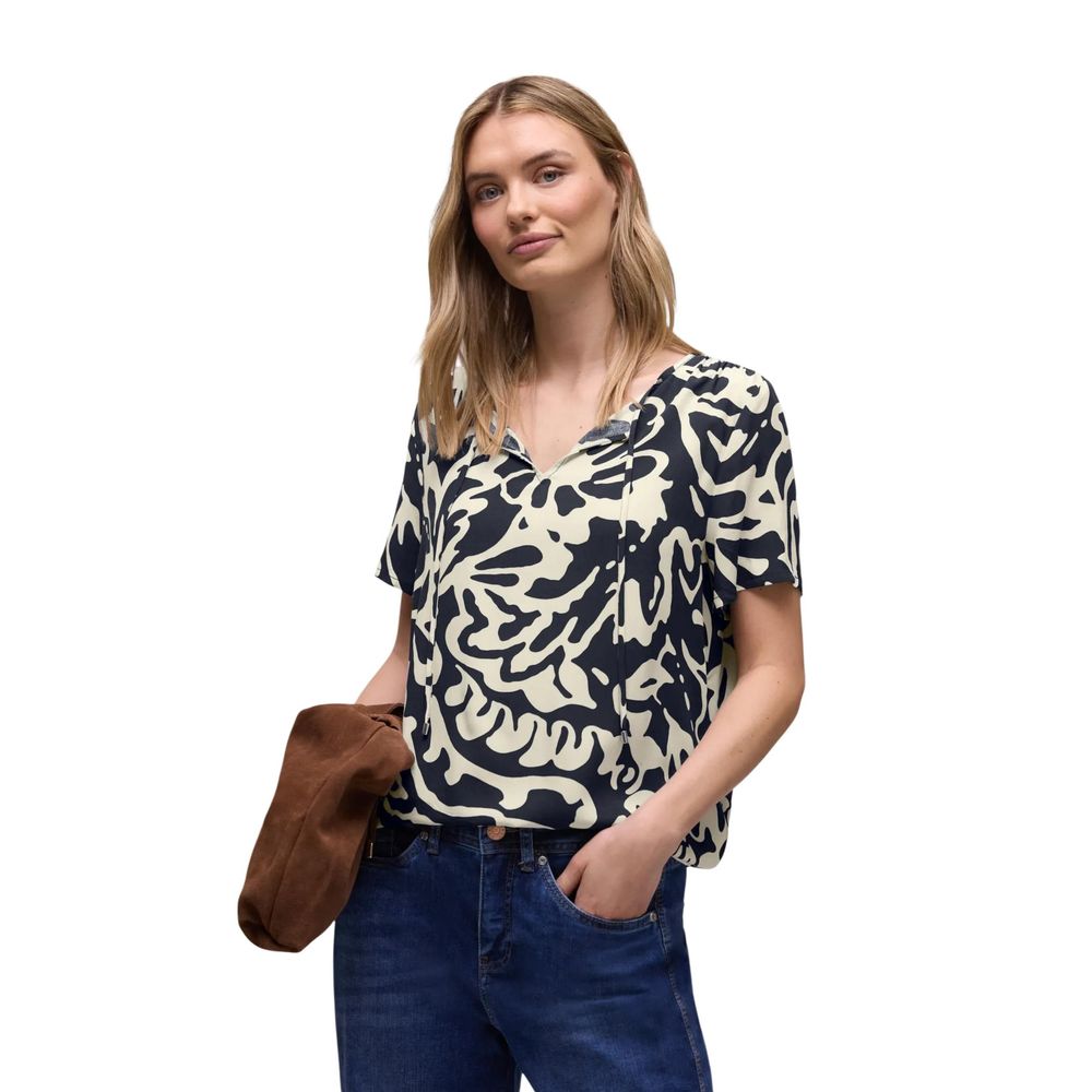 Shirt by Street One for women in viscose blue features an polished silhouette, showcasing a sophisticated v-neck neckline and short-sleeve detail for a truly polished finish.