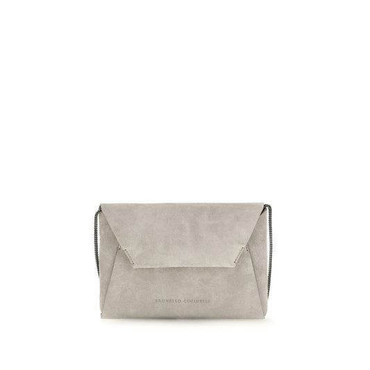 Shoulder Clutch Bag by Brunello Cucinelli for women in bos taurus suede calf leather gray features a enviable silhouette, showcasing a secure magnetic, ample cardholder, and enviable shoulder-strap for a enviable finish.