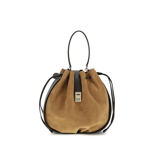 Bucket Shoulder Bag by Ferragamo for women in polyurethane calf suede & alligator leather brown, signature & print features an effortlessly chic silhouette with a secure zipper, drawstring & buckle, ample , and versatile shoulder-strap, handle & adjustable-strap for effortlessly chic everyday luxury.