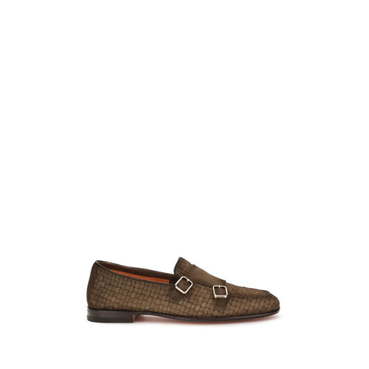 Santoni Brown Calf Leather Bos Taurus Slip-On Loafers
