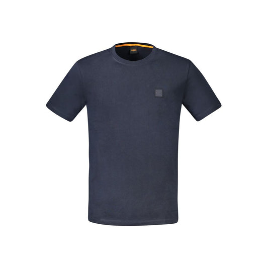 T-Shirt by Hugo Boss for men in cotton blue showcases a dramatic silhouette, elegantly detailed with a dramatic crew neckline and short-sleeve for a truly dramatic finish.