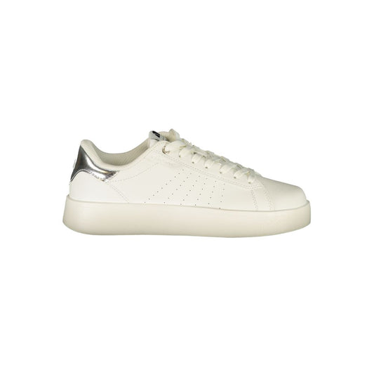 Athletic Sneakers by Ellesse for women in polyester & polyurethane silver & white features an architectural silhouette from the Women's Athletic Polyester & Polyurethane Sneakers collection, showcasing a architectural athletic style for a architectural look.
