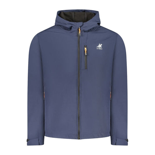 Hooded Windbreaker Jacket by U.S. Grand Polo for men in stretch polyester polyurethane blue, white & print presents a resilient silhouette, artfully detailed with a sophisticated hooded neckline and functional pockets, hooded & windproof for a resilient finish.