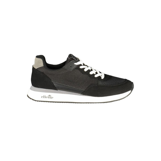 Athletic Sneakers by Ellesse for men in polyester & polyurethane black features an architectural silhouette, showcasing the premium athletic style of the Men's Athletic Polyester & Polyurethane Sneakers with an architectural finish.